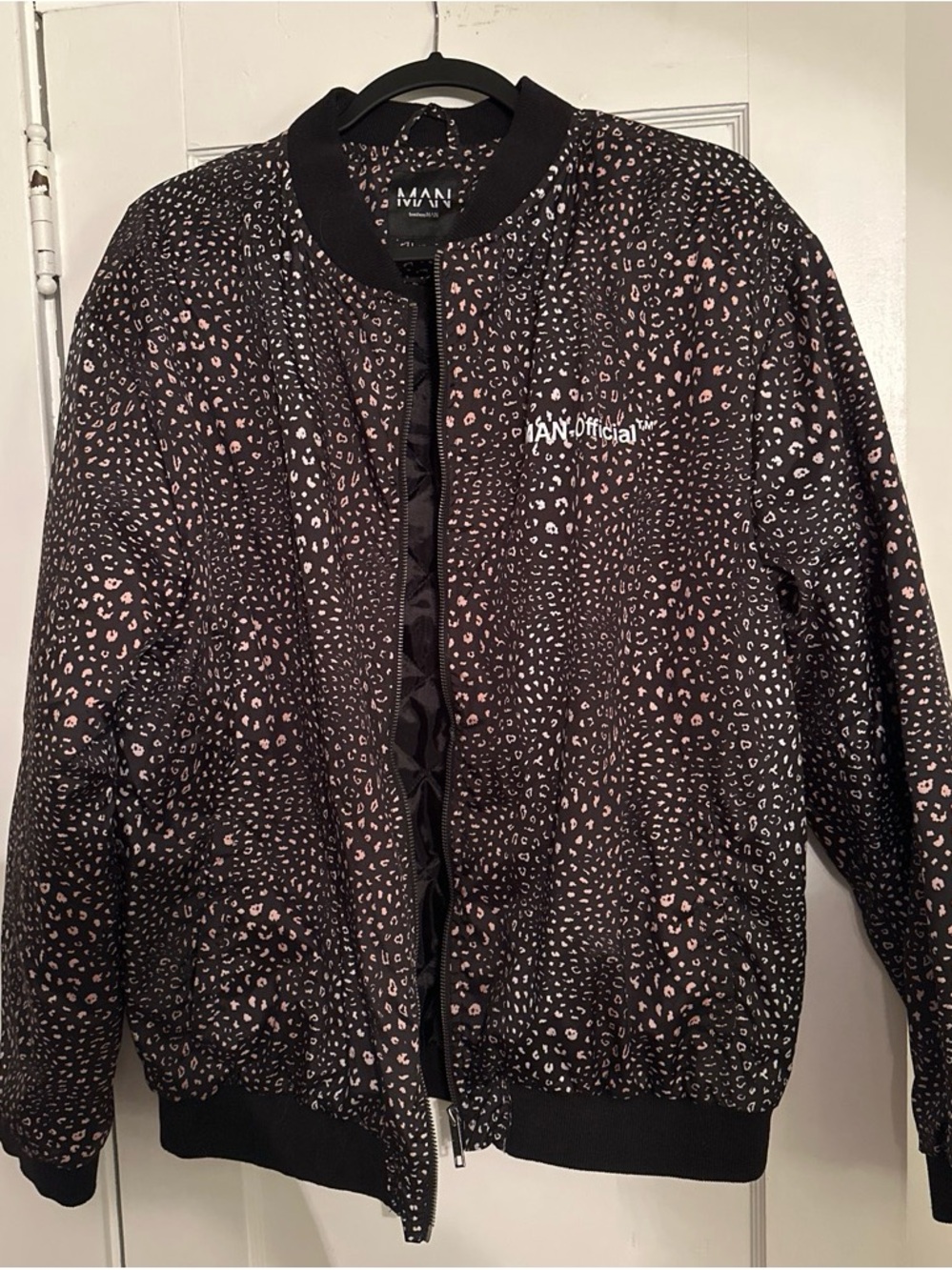 MAN Official Black Bomber Jacket with Tan Leopard Print